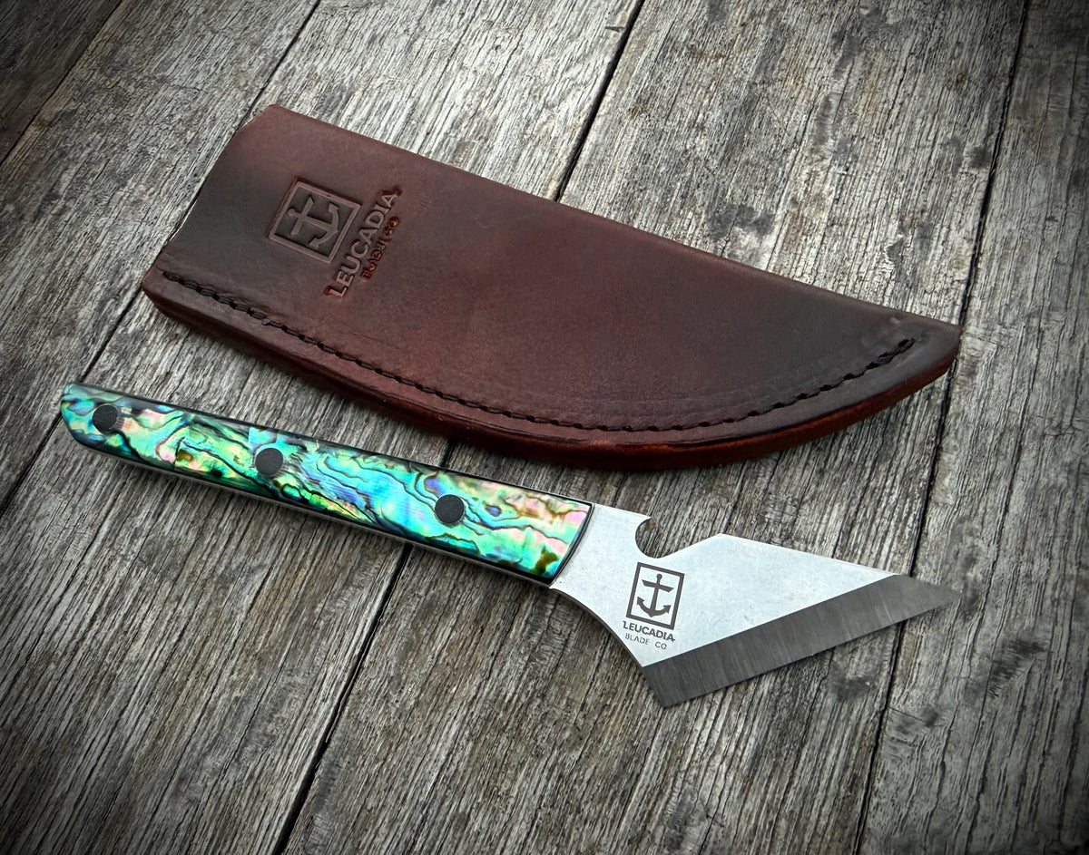 The Beeradashi bottle opener knife with abalone handle