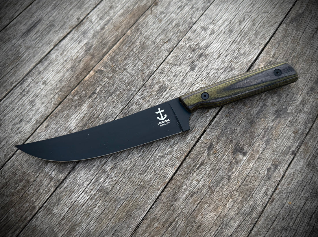 The Barracuda utility knife, Desert Verde Wood handle, Black DLC blade